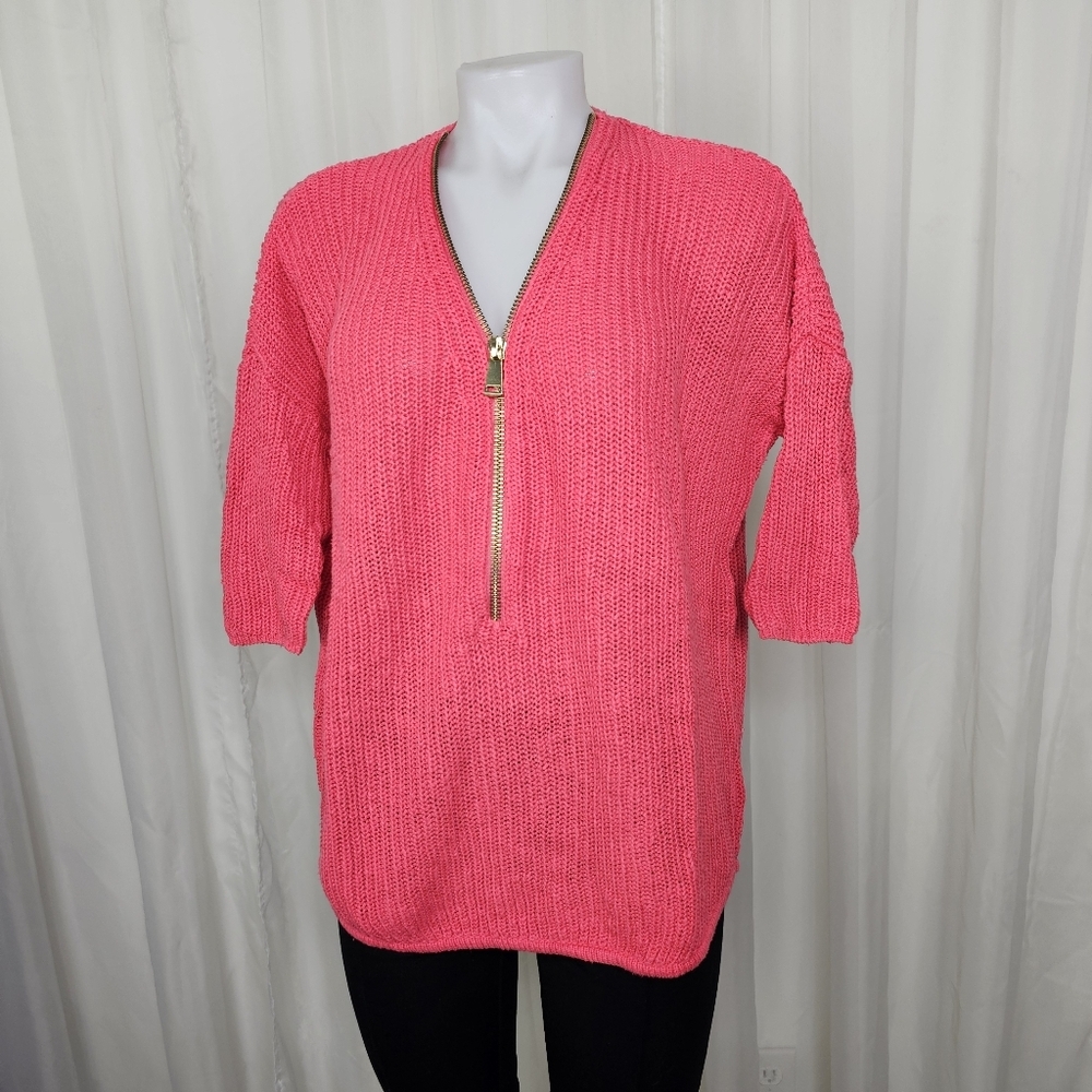 Express Coral Knit London Zipper Sweater Dolman Batwing 3/4 Sleeve Deep-V Neck